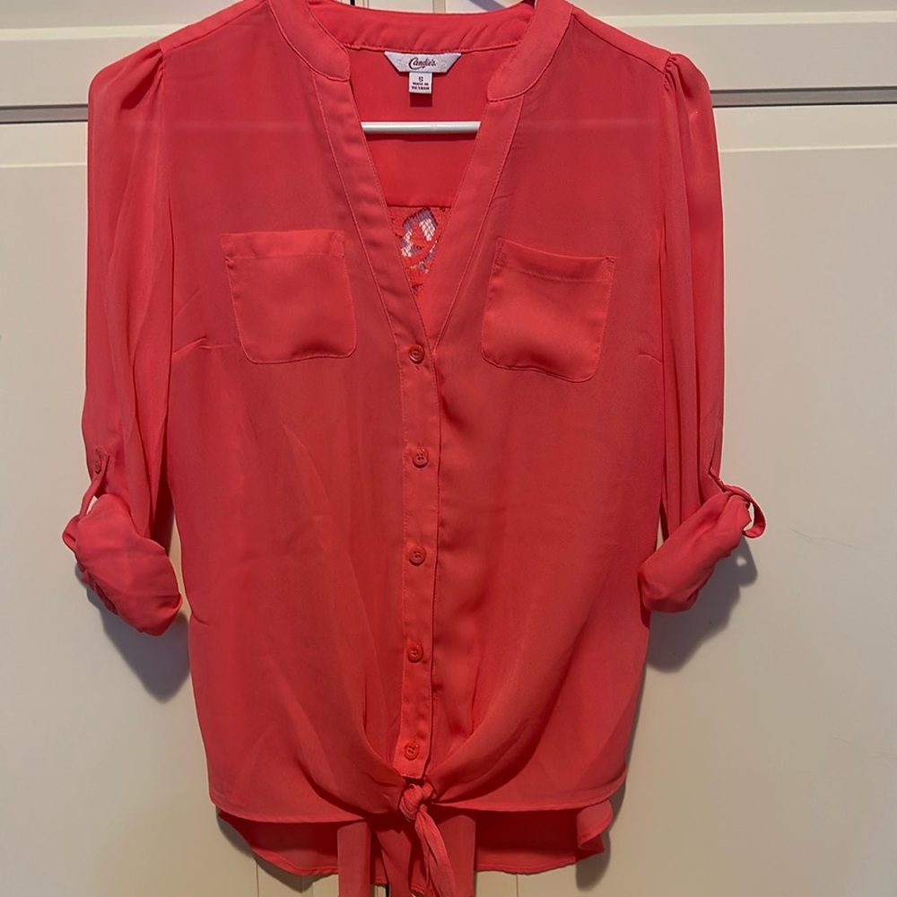 Coral colored button down blouse
